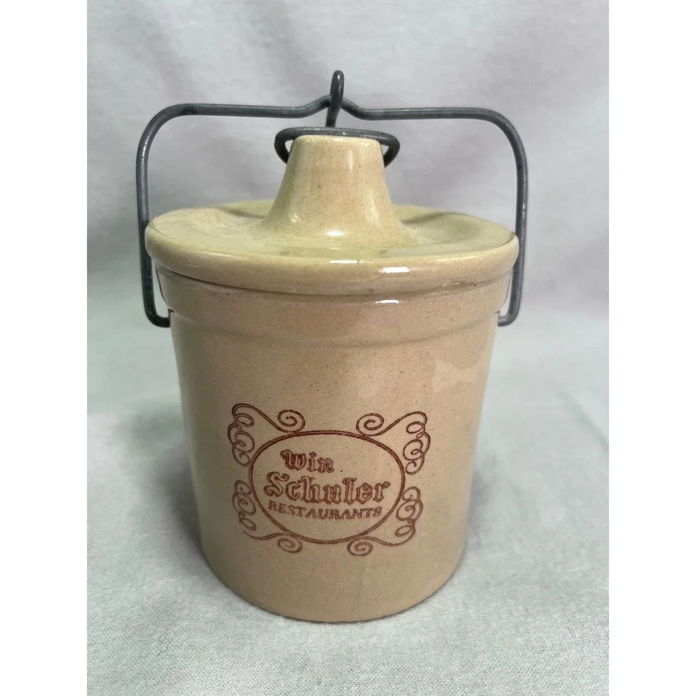 Win Schuler Restaurants Crock Tan Stoneware Wire Bale Lid Farmhouse Decor Small
